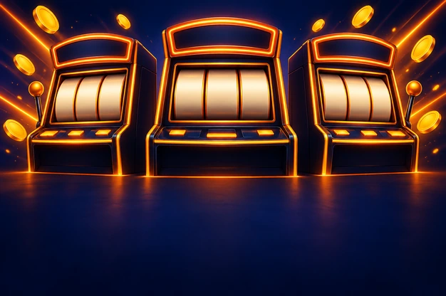 Drei verzierte Spielautomaten in einer Palasthalle